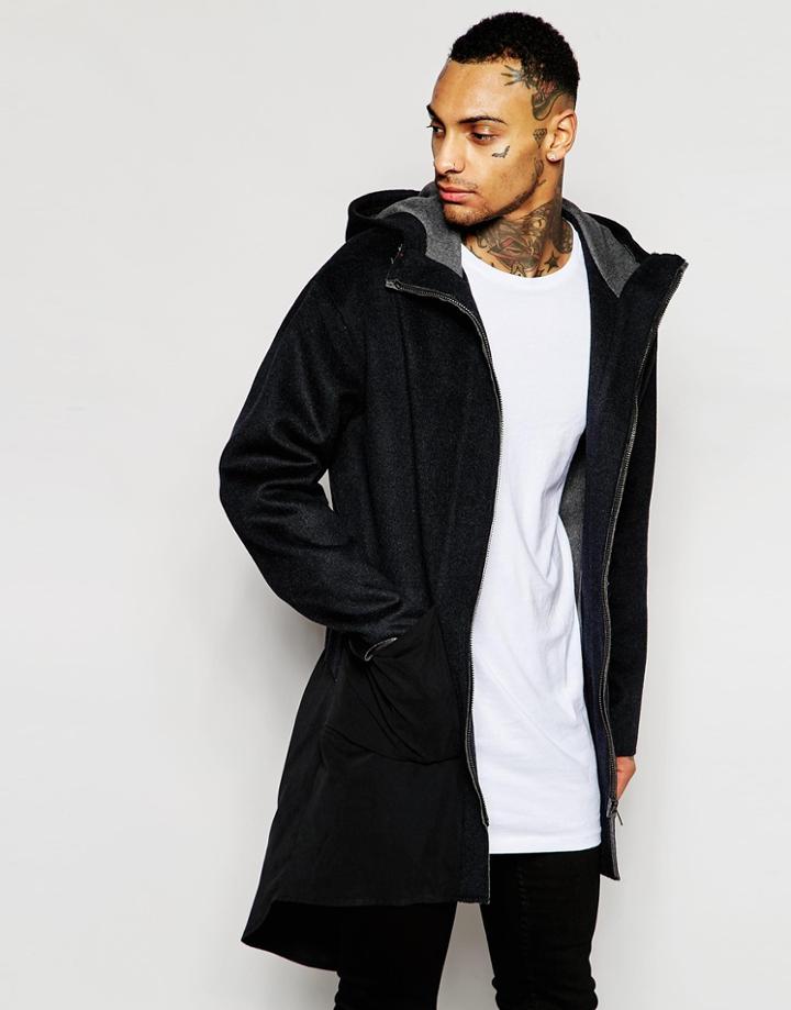 Asos Oversized Unlined Parka In Wool Jersey - Black