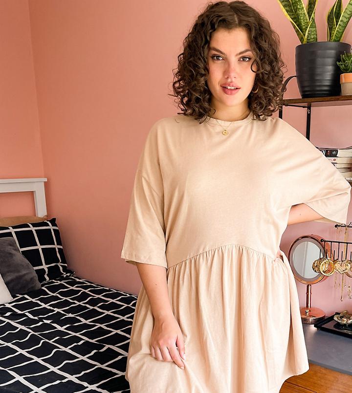 Asos Design Curve Oversized Mini Smock Dress With Dropped Waist In Camel-brown