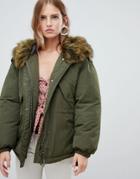 Only Faux Fur Hooded Oversized Jacket - Green