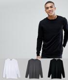 Asos 3 Pack Long Sleeve Longline T-shirt In Black/ White/ Charcoal With Crew Neck Save - Multi
