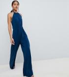 Asos Design Tall Slinky Jumpsuit With Gathered Waist - Navy