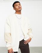 Asos Design Oversized Cardigan In Off White Sherpa With Color Block Sleeve-neutral