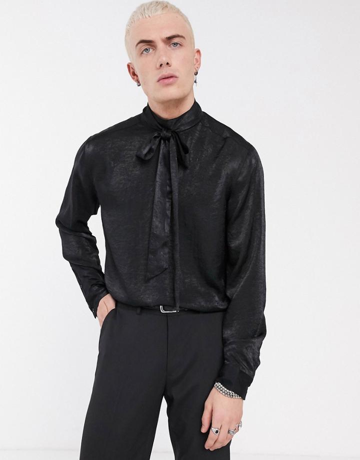 Asos Design Regular Fit Satin Funnel Neck Shirt With Tie Detail-black