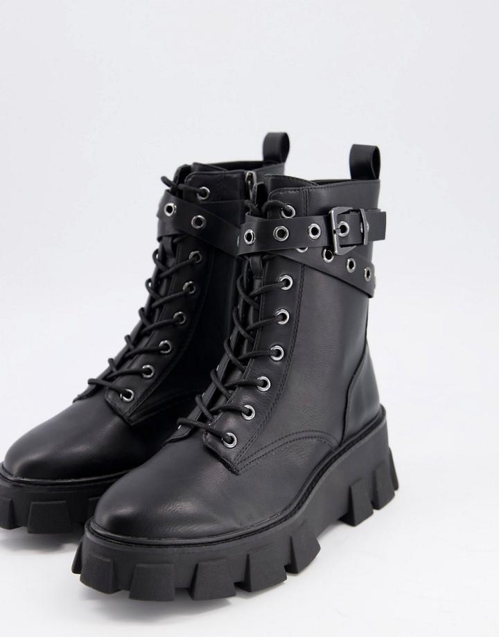 Stradivarius Chunky Lace Front Boots In Black