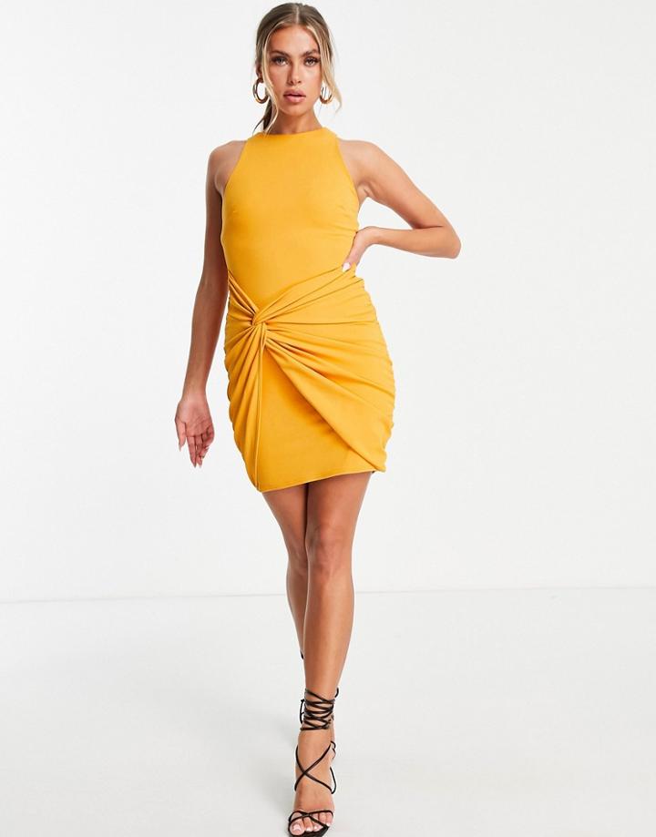 Asos Design High Neck Twist Wrap Mini Dress In Mustard-orange