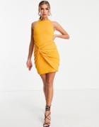 Asos Design High Neck Twist Wrap Mini Dress In Mustard-orange