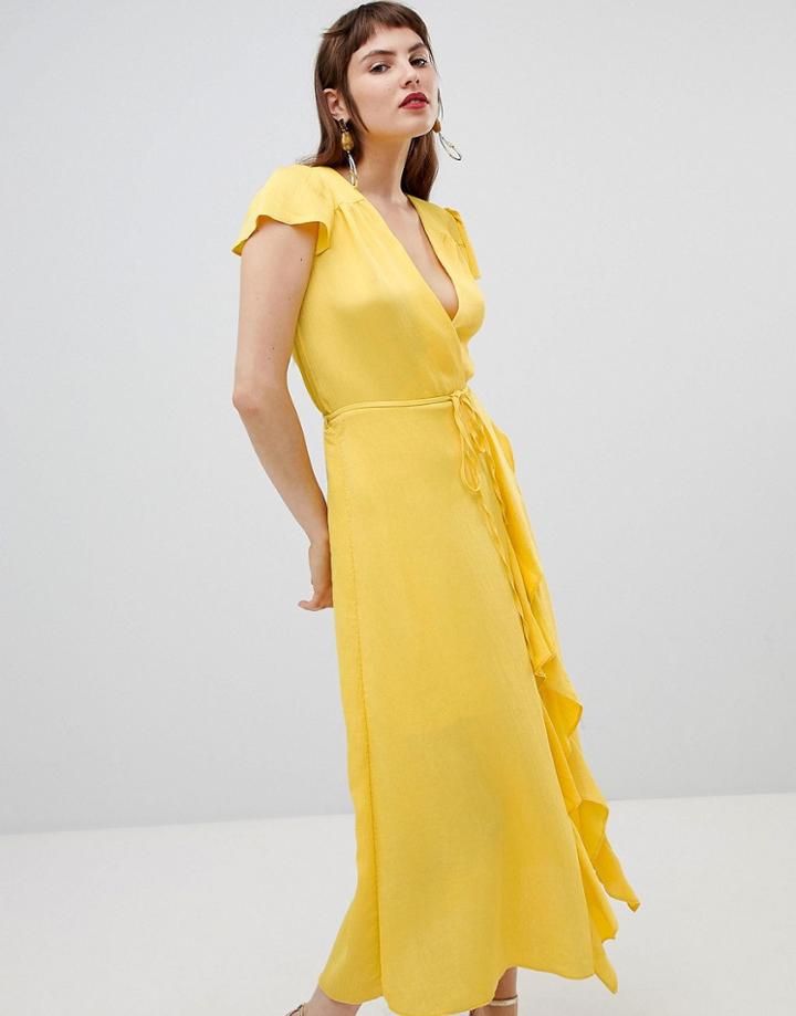 River Island Wrap Front Ruffle Dress-yellow