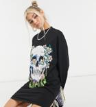 Collusion Skull Print Long Sleeve T-shirt Dress-black