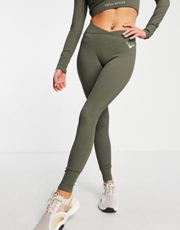 Twill Active Seamless Ribbed V Waist Leggings In Khaki - Dgreen