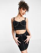 Rebellious Fashion Contrast Stitch Bralette & Skirt Denim Set In Black