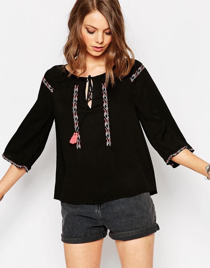 Daisy Street Smock Top With Embroidered Trim - Black