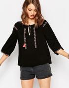Daisy Street Smock Top With Embroidered Trim - Black
