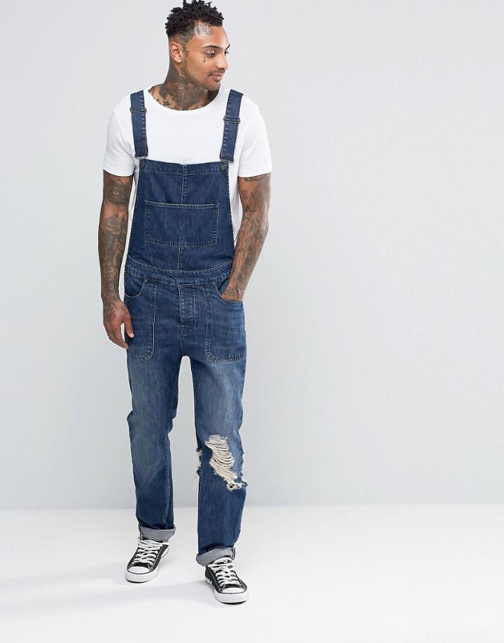 Asos Denim Overalls With Mega Rips In Dark Blue Wash - Dark Blue