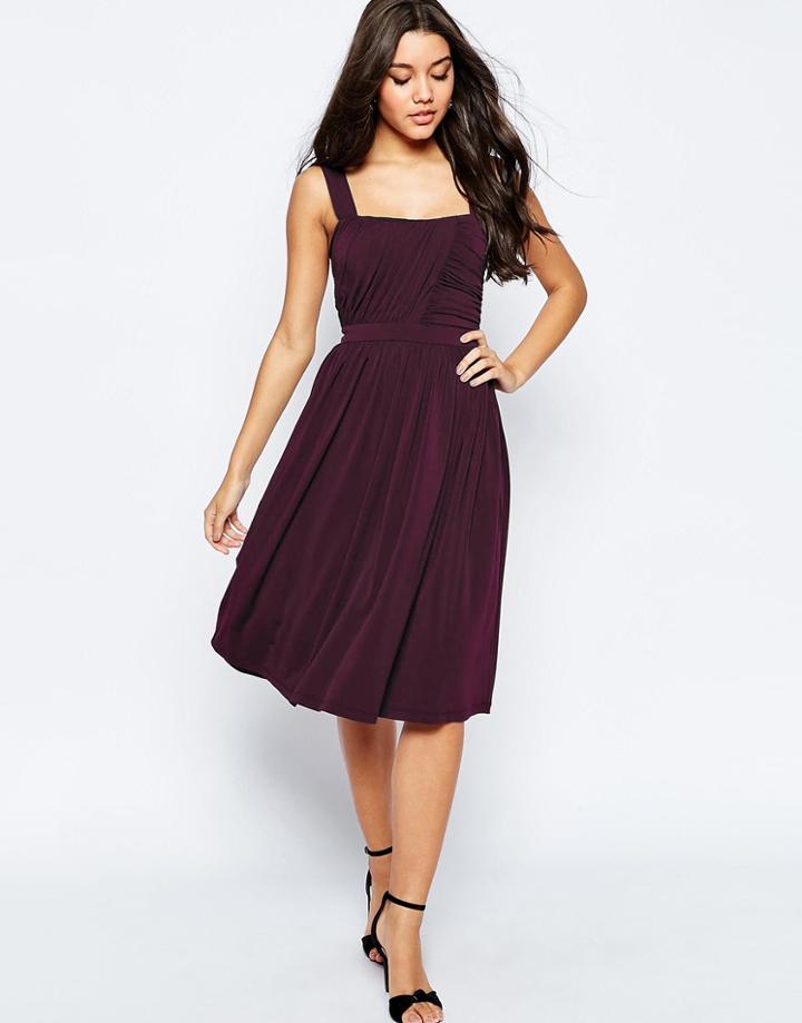 Asos Slinky Ruched Bodice Midi Dress With Wide Straps - Gray