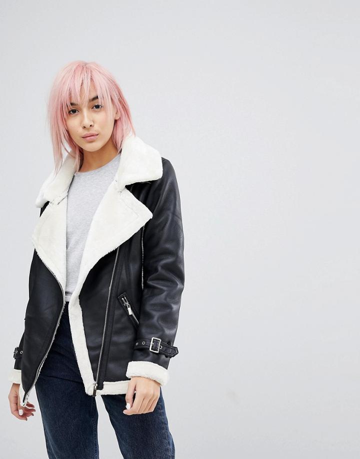 Brave Soul Slater Bonded Oversize Biker Jacket - Black