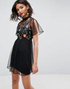 Asos Mesh Smock Dress With Floral Embroidery With Split Sleeve - Black