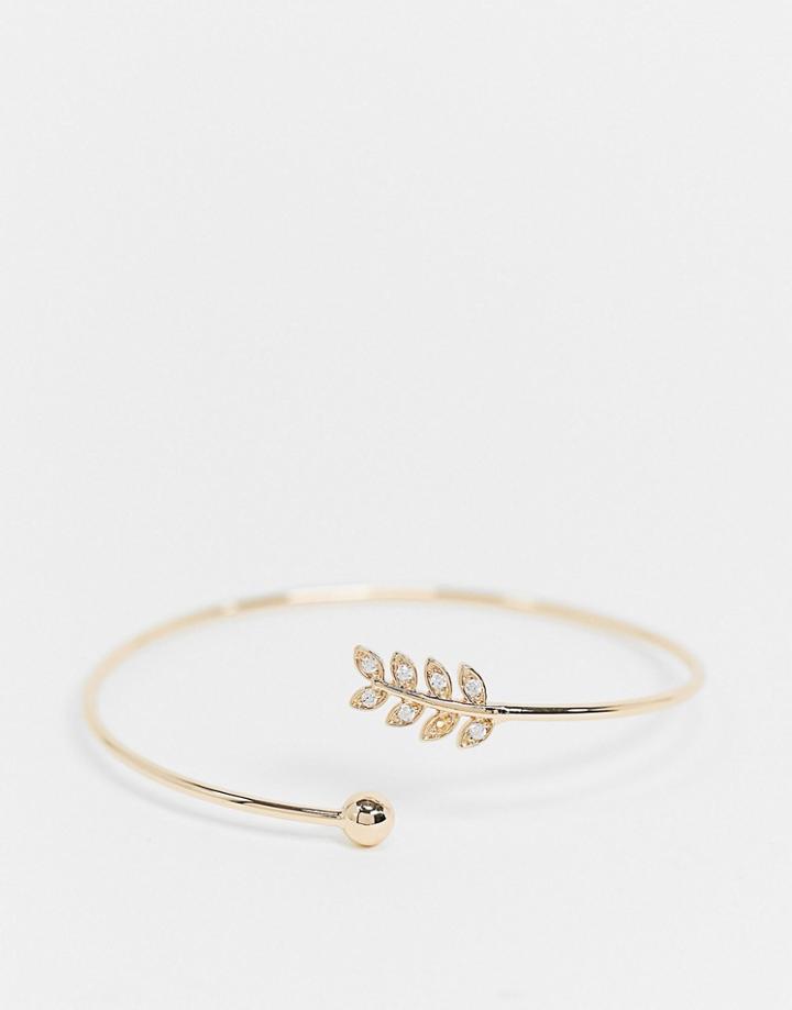 Asos Design Cuff Bracelet With Delicate Leaf And Ball Detail In Gold Tone