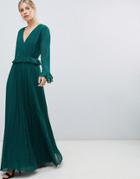 Asos Design Pleated Wrap Maxi Dress With Ruffle-green