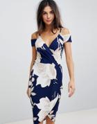 Ax Paris Floral Print Wrap Pencil Dress With Cold Shoulder - Navy