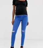 New Look Maternity Over Bump Ripped Jeans In Blue
