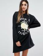 Missguided Rose Print Logo Sweater Dress - Black