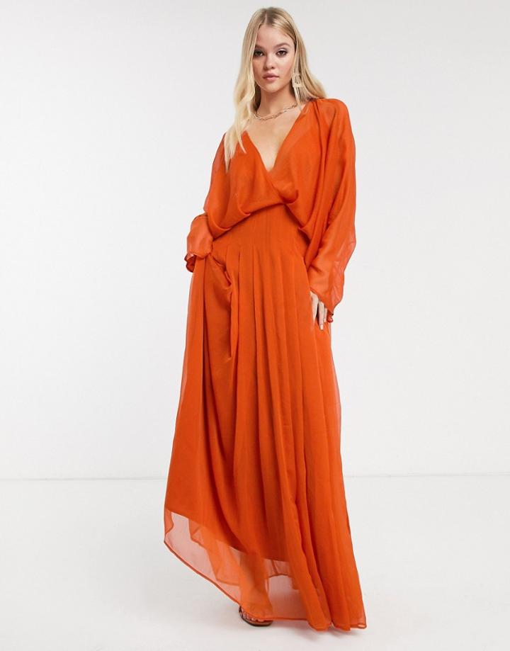 Asos Design Dome Sleeve Maxi Dress-brown