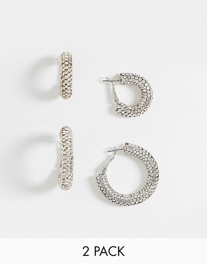 Asos Design Pack Of 2 25mm 35mm Hoop Earrings In Crystal Drench-silver