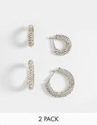 Asos Design Pack Of 2 25mm 35mm Hoop Earrings In Crystal Drench-silver