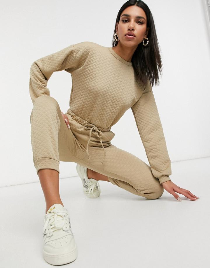 Asos Design Quilted Basic Sweatpants Jumpsuit In Stone-brown