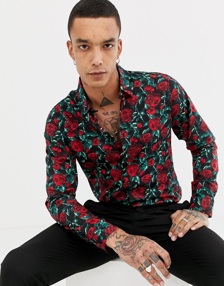 Devils Advocate Slim Fit Red Rose Print Shirt-black