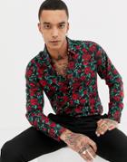 Devils Advocate Slim Fit Red Rose Print Shirt-black