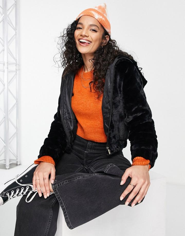 Brave Soul Cadey Hooded Faux Fur Jacket In Black