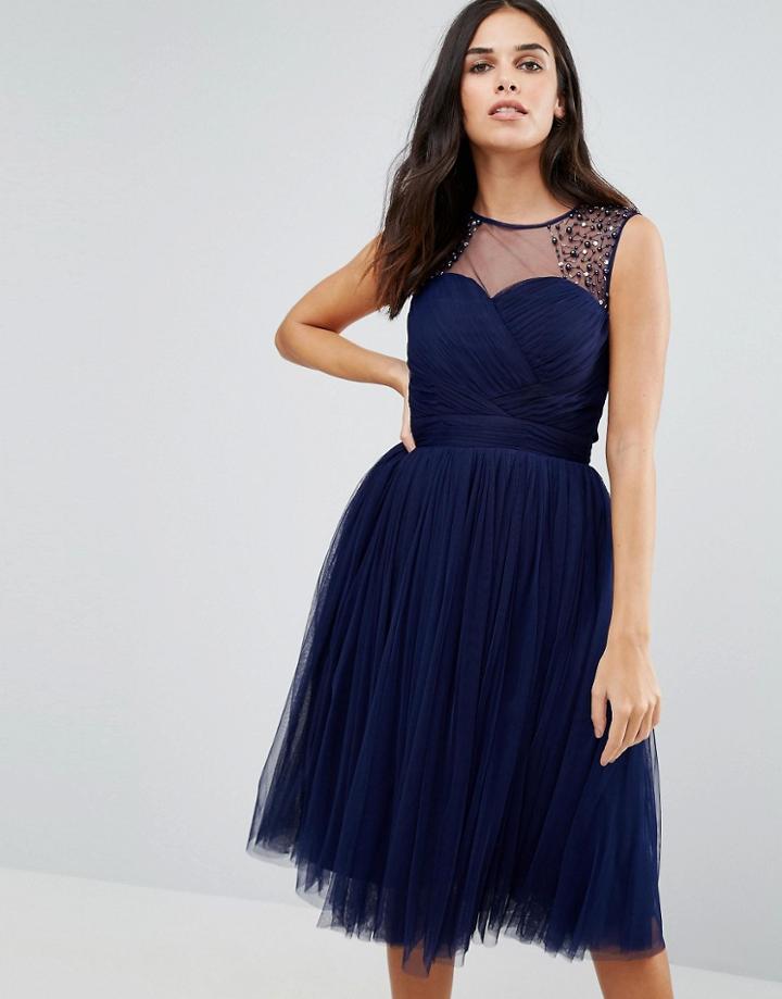 Little Mistress Embellished Sheer Midi Dress - Navy