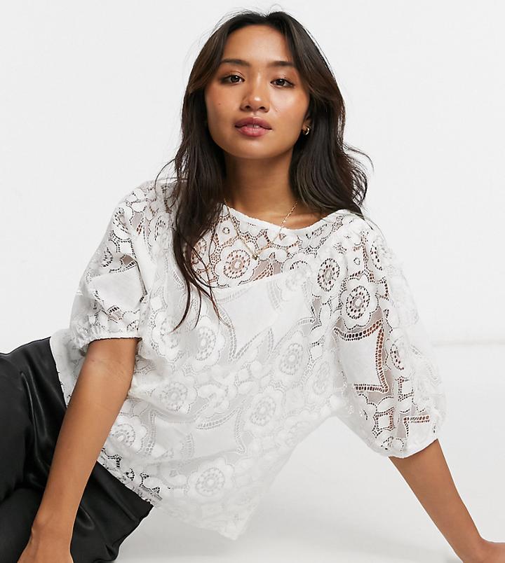 Vila Petite Lace 3/4 Sleeve Top In White
