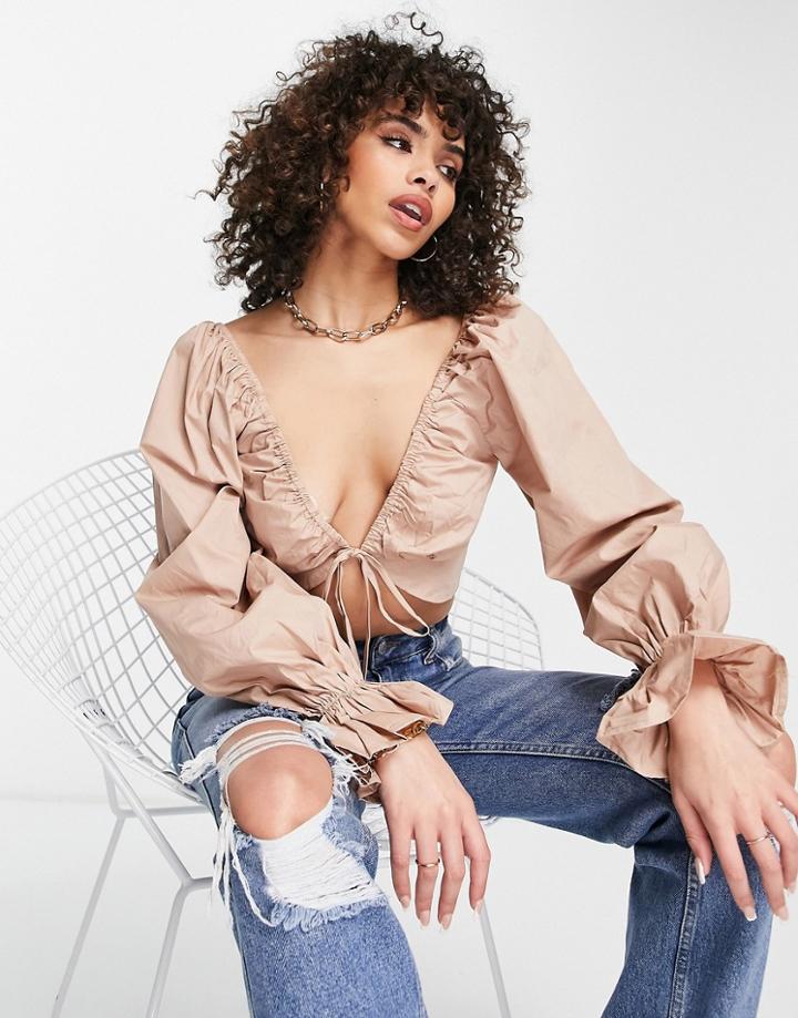 Missguided Poplin Tie Front Crop Top In Stone-neutral