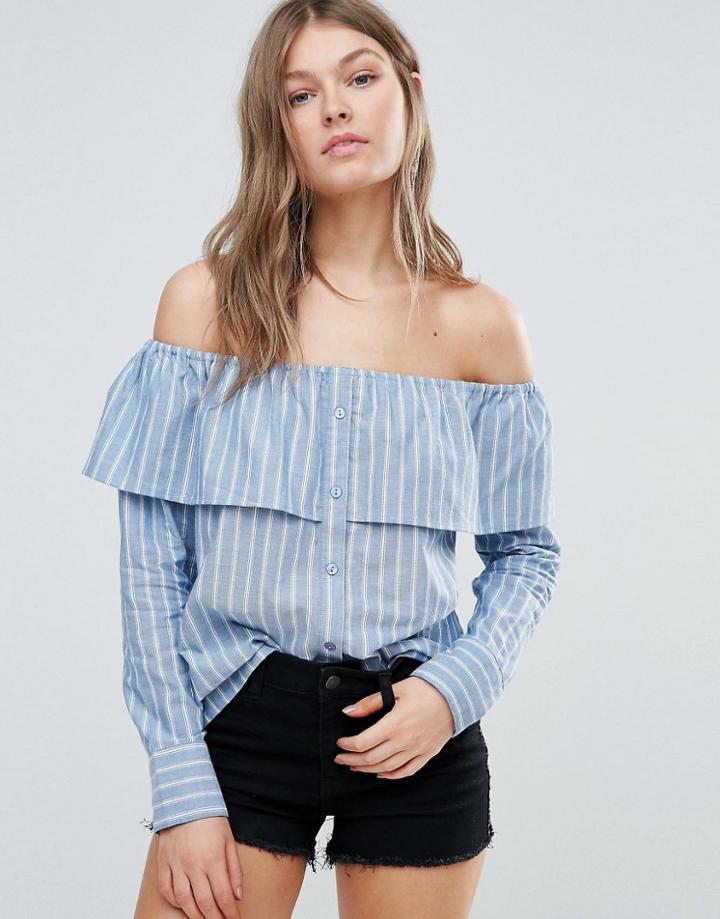Influence Cotton Stripe Frill Bardot Top - Blue