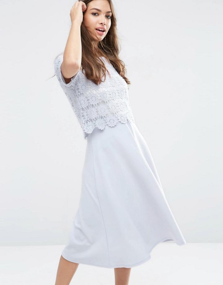 Asos Overlay Lace Midi Dress With Scuba Skirt - Blue