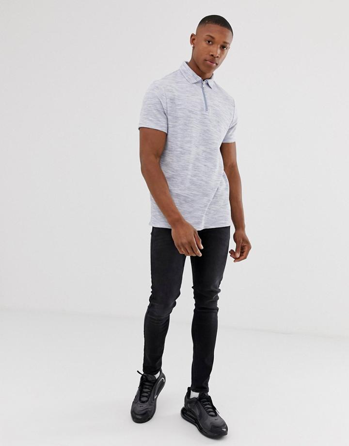 Asos Design Standard Polo Shirt With Zip Neck In Textured Waffle In Blue - Blue