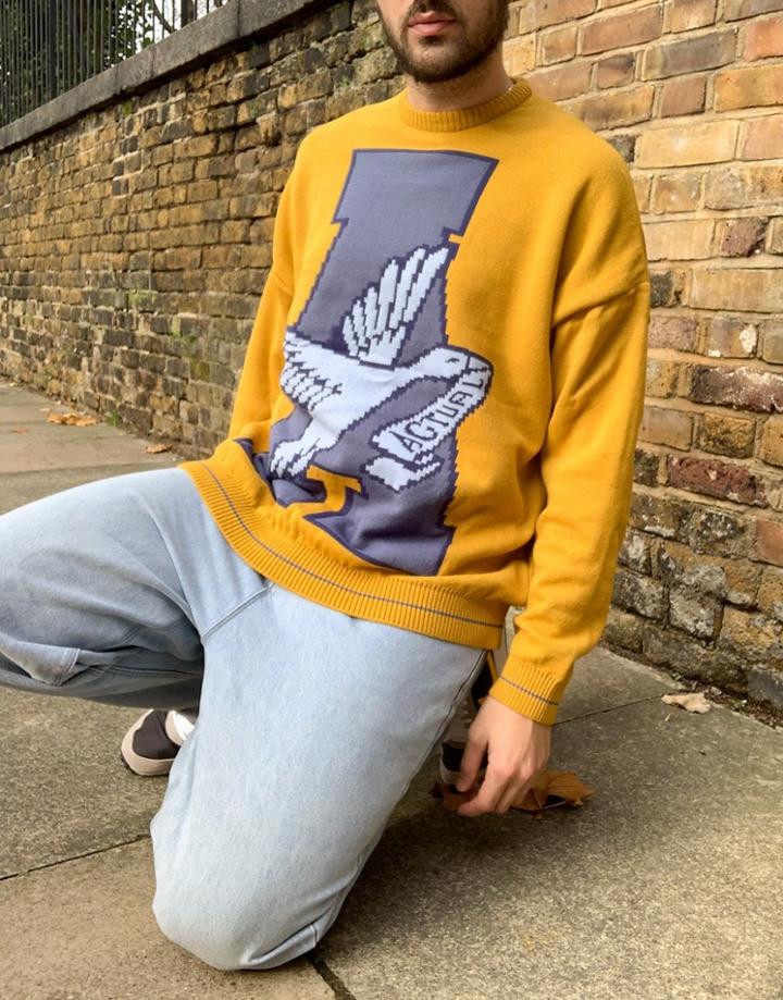 Asos Design Knit Oversized Sweater With Logo In Mustard-yellow