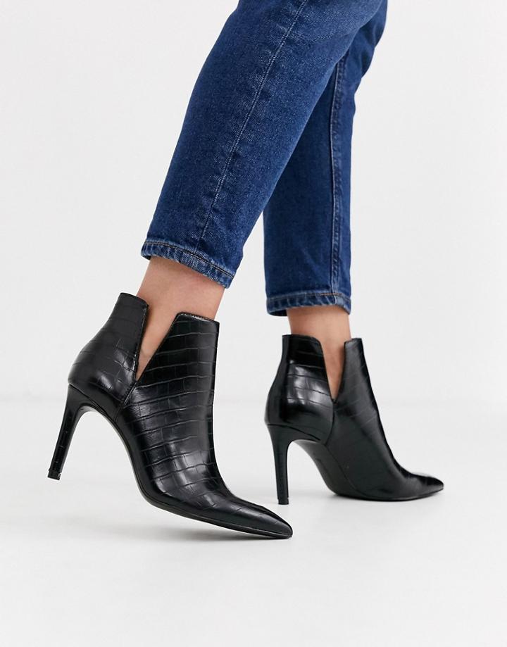 Stradivarius Snake Embossed Skinny Heel Boot In Black