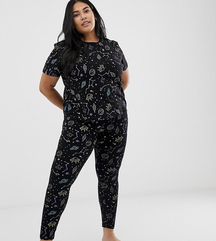 Asos Design Curve Star Gazer Printed Boxy Tee And Legging Pyjama Set - Black