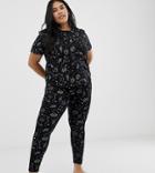 Asos Design Curve Star Gazer Printed Boxy Tee And Legging Pyjama Set - Black