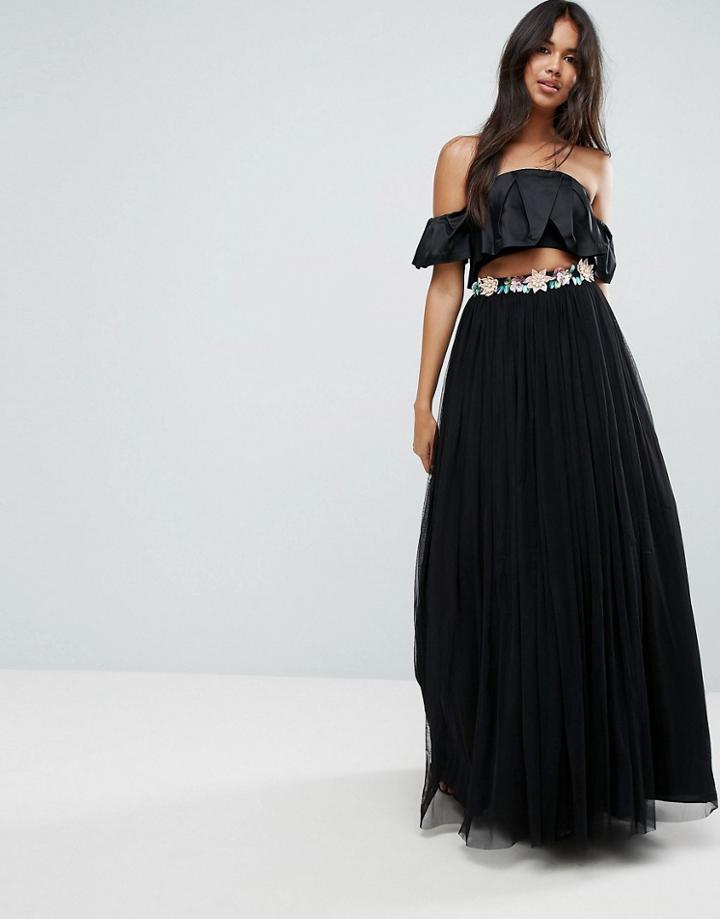 Asos Tulle Maxi Skirt With Embellished Waistband - Black