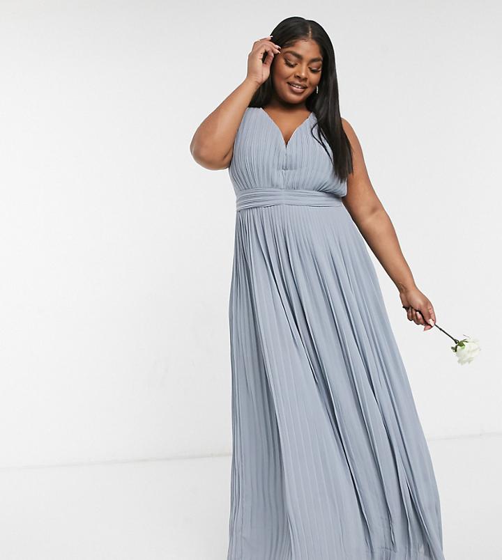 Tfnc Plus Bridesmaid Pleated Sleeveless Maxi Dress In Dusty Blue-blues