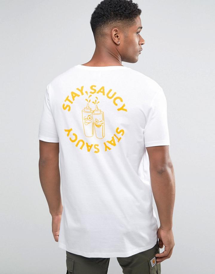 Asos Longline T-shirt With Stay Saucy Chest And Back Print In Relaxed Skater Fit - White