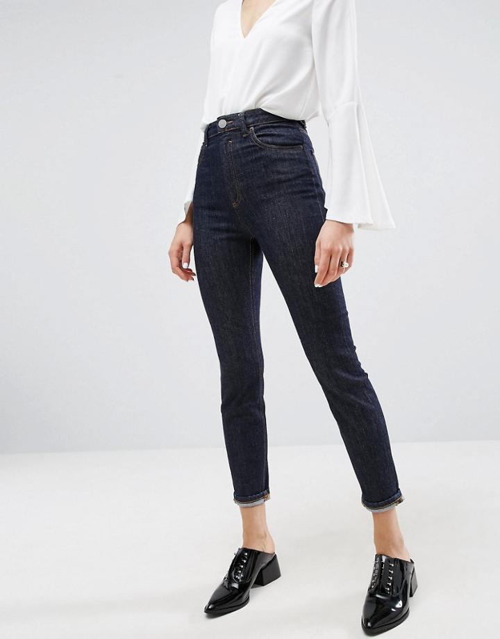 Asos Farleigh High Waist Slim Mom Jeans In Alder Raw Indigo - Blue