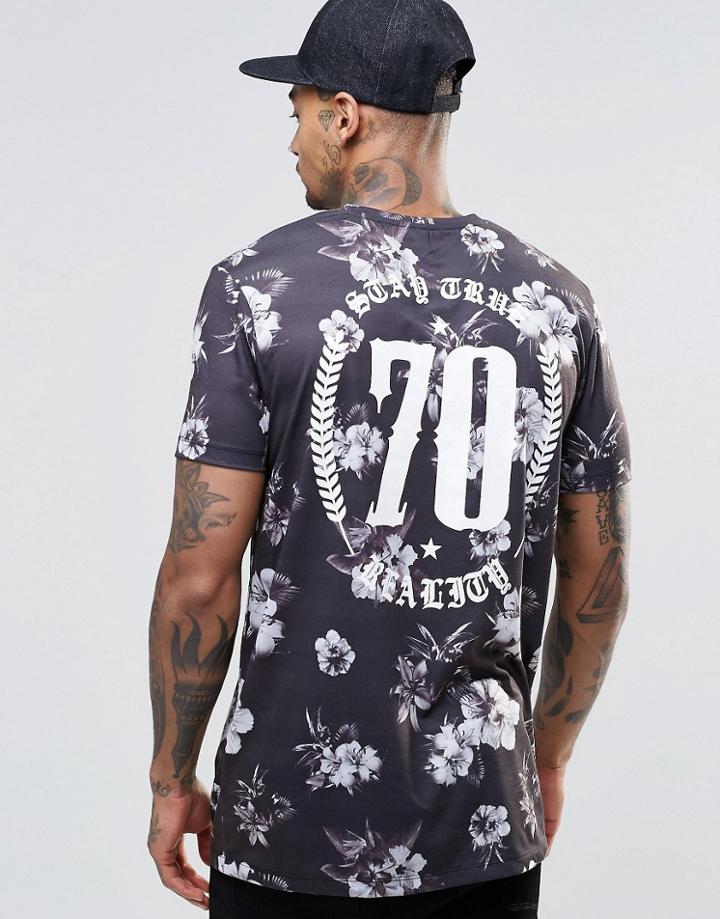 Asos Longline T-shirt With Floral Print And Boxed In Text Print - Multi