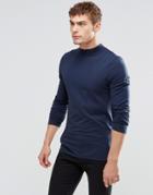Asos Muscle Long Sleeve T-shirt With Turtle Neck In Navy - Navy