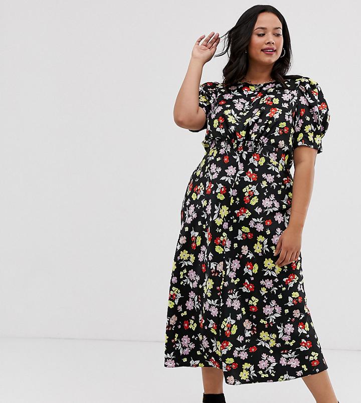 Asos Design Curve Midi Tea Dress In Bright Grunge Floral Print - Multi