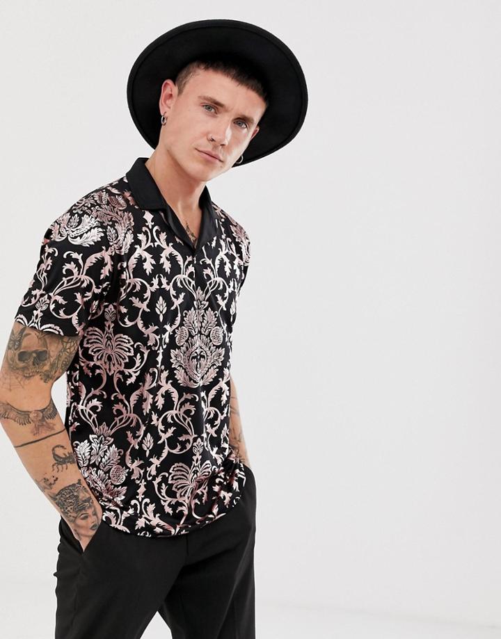 Asos Design Relaxed Polo With Metallic Baroque Print - Black